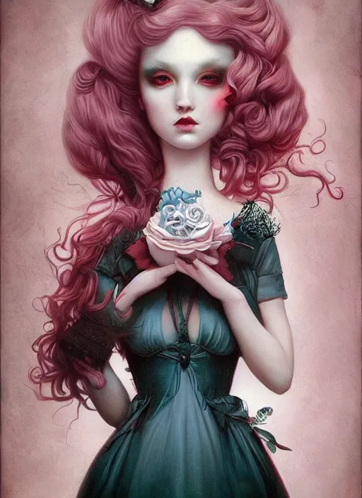 Image similar to pop surrealism, lowbrow art, realistic cute seductive feminine girl painting, romantic gown, hyper realism, muted colours, rococo, natalie shau, loreta lux, tom bagshaw, mark ryden, trevor brown style,