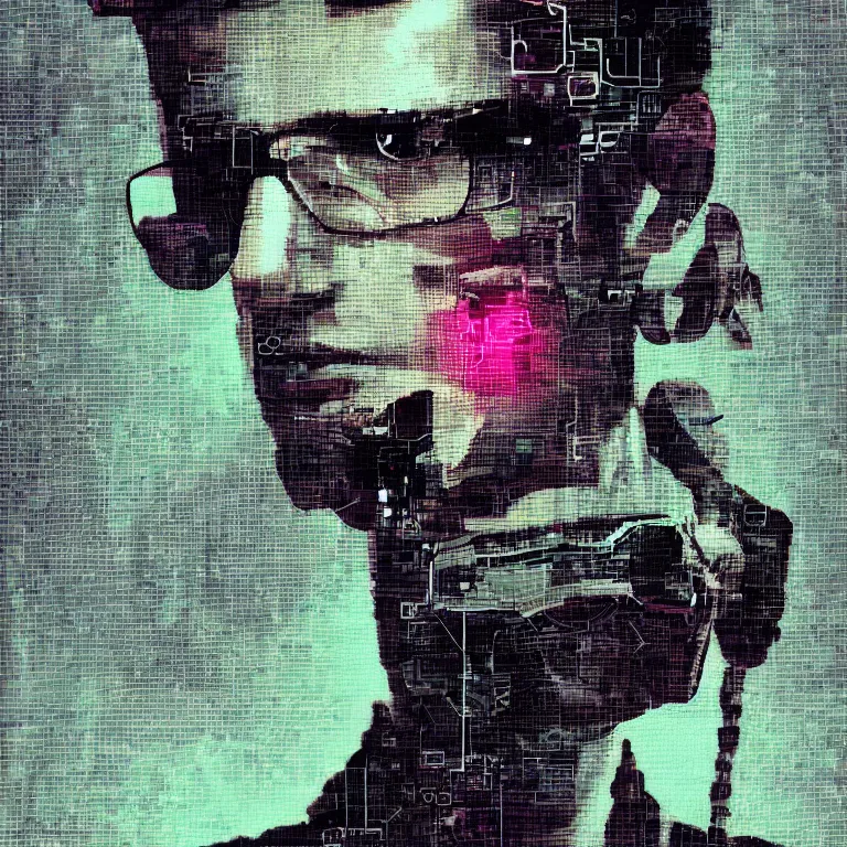 Image similar to Glitch-art portrait of cool cyberpunk hacker in style of John Nelson, realistic