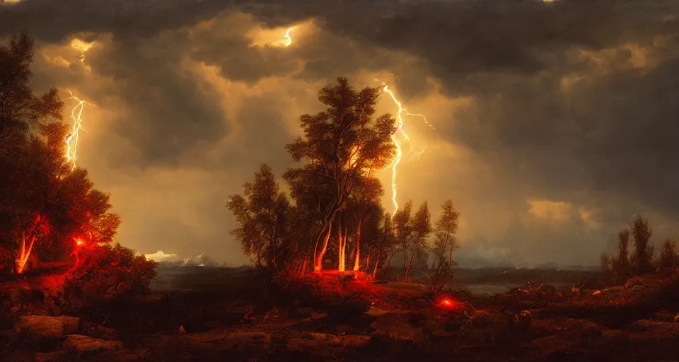 Image similar to red glow, windy, by eugene von guerard, ivan shishkin, night, lightning!!, storm!, dramatic lighting, concept art, trending on artstation, 8 k