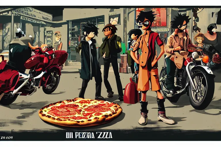 Prompt: pizza restaurant, akira's motorcycle, gorillaz, poster, high quality