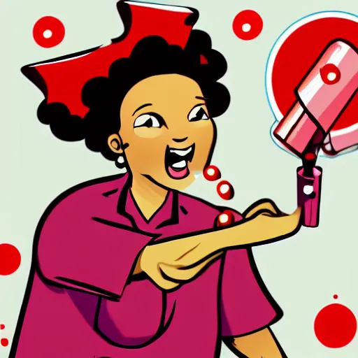 Prompt: crazy and dangerous nurse looking at a big syringe filled with a red bubbling liquid, illustration