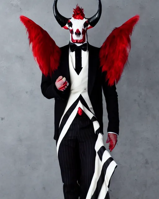 Image similar to Medium shot of Red Imp + White black striped horns + Formal outfit, in the style of greg rutkowski