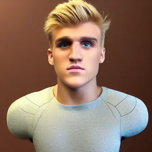 Prompt: a realistic detailed photo of boxer & youtuber jake paul as a humanoid robot, half humanoid, half robot, blank stare, shiny skin