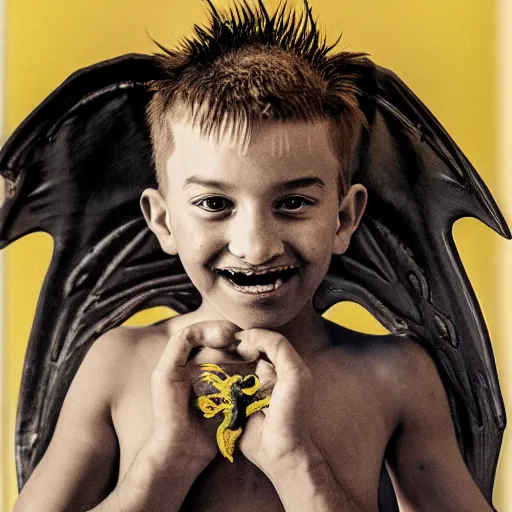 Image similar to by herve guibert, by georg baselitz soft fish - eye lens. a conceptual art of a young boy disguised as a dragon. the boy is shown wearing a costume with dragon - like features, including a long tail, wings, & horns. he has a large grin on his face, suggesting that he is enjoying his disguise.