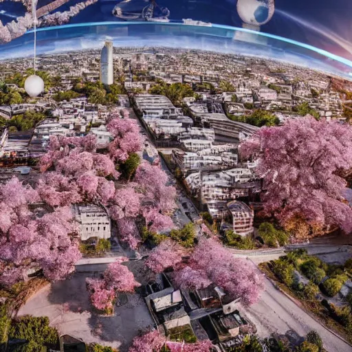 Prompt: A beautiful post-apocalyptic city with an enormous cherry tree blossoming in the middle, aerial view, biopunk, realistic, digital art, lens flare, sharp focus,