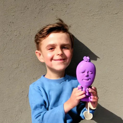 Image similar to the little prince of saint exupery smiling with a purple flower on his hand made of clay