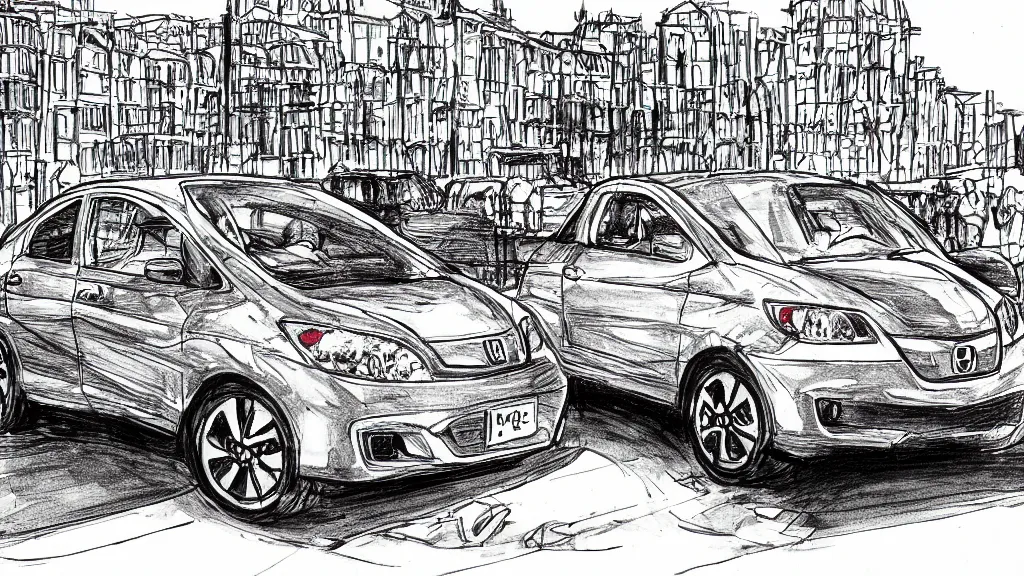 Prompt: compact honda car parked in a european city, ink manga drawing