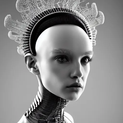 Prompt: closeup portrait of an absurdly beautiful, graceful, sophisticated, fashionable cyberpunk mechanoid gravure idol, an ultrafine hyperdetailed illustration by irakli nadar, matt wisniewski style, intricate linework, porcelain skin, neon jellyfish headdress, fractal ivory carved ruff, unreal engine 5 highly rendered, global illumination, radiant light, detailed and intricate environment