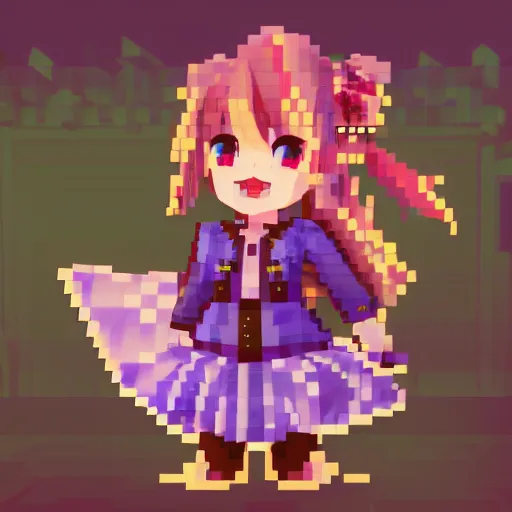 Image similar to ultra low poly modelling, in pixel art graphics, isometric view, 1 6 bit colors, from touhou, made in rpg maker, right side of chibi girl, brown jacket with long sleeves, pigtails hair, volumetric lighting, fantasy, intricate, hyper realistic, by blizzard, warcraft 3, backlit