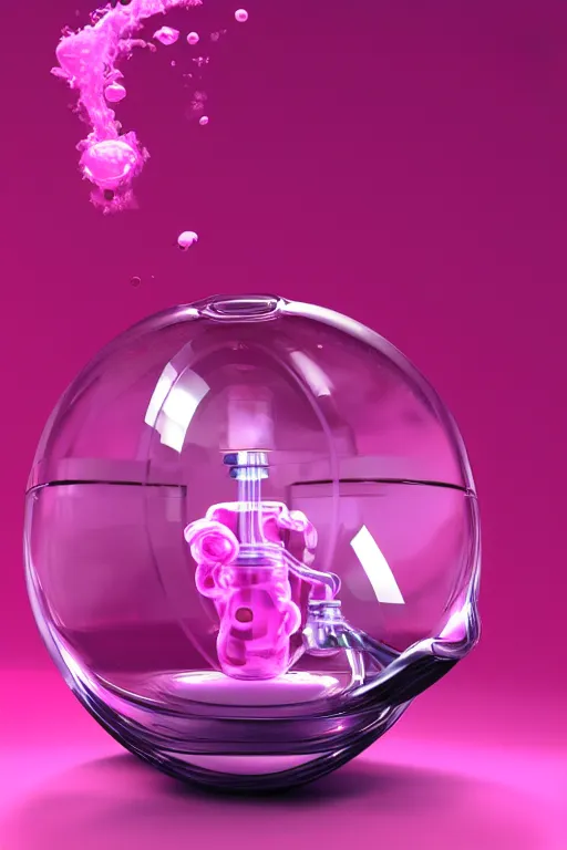 Image similar to Pink Vapor Inhalation Machine Conected to a Spherical Bottle of Pink Liquid by a Tube, Pink Vapor Leaking from an Oxygen Mask, fantasy, magic, ultra detailed, digital art, trending on artstation, illustration