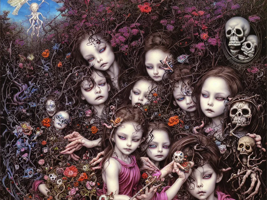 Prompt: realistic detailed image of a little girls and boys playing with skeletones at a cemetery graveyard. by Ayami Kojima, Amano, Karol Bak, Greg Hildebrandt, and Mark Brooks, Neo-Gothic, gothic, rich deep colors. Beksinski painting, part by Adrian Ghenie and Gerhard Richter. art by Takato Yamamoto. masterpiece