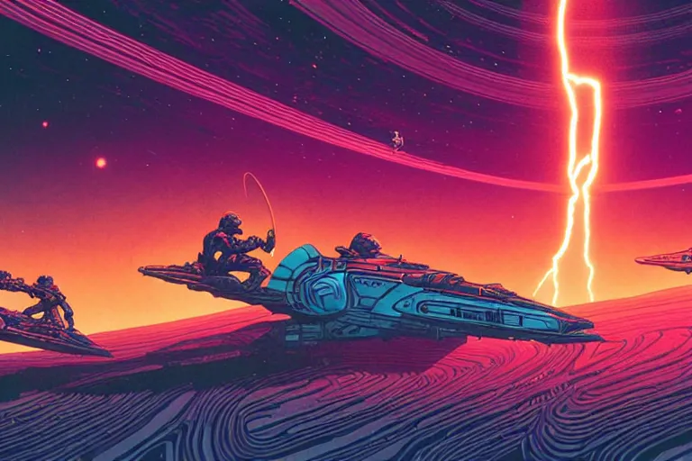 Image similar to artwork by kilian eng and ( dan mumford ) and toshi yoshida and franklin booth showing a speederbike race on the rings of saturn, vintage scifi, high details, dramatic lightning,, 8 k