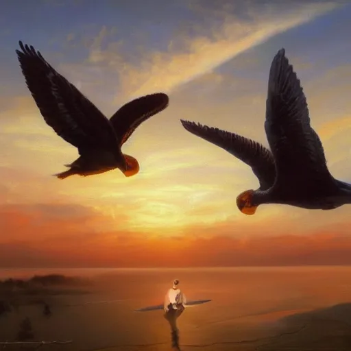 Image similar to a job offer with wings, flapping its wings flying in sunset sky, oil on canvas, portrait, intricate, 8k highly professionally detailed, HDR, CGsociety