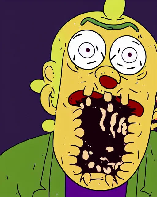 Prompt: portrait of an ugly old possessed crying clown in the style of justin roiland. ugly, creepy, demonic, horror. cinematic lighting. style of rick & morty. photographic, photography. by justin roiland