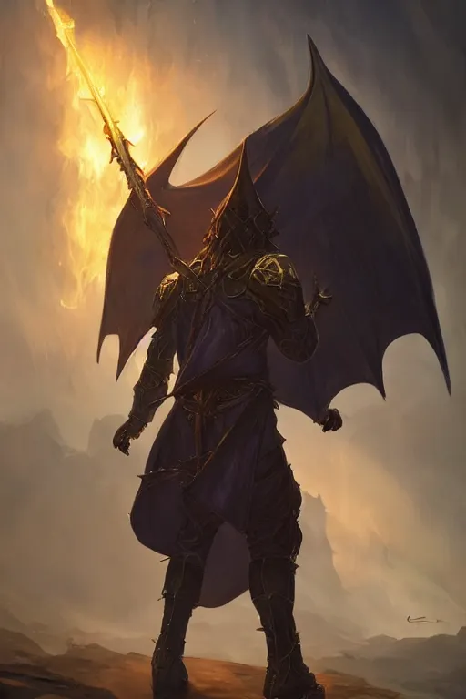 Prompt: dungeons and dragons evil wizard with dragon wings character full body side profile portrait, dramatic light, dungeon background, 2 0 0 mm focal length, painted by stanley lau, painted by greg rutkowski, painted by stanley artgerm, digital art, trending on artstation