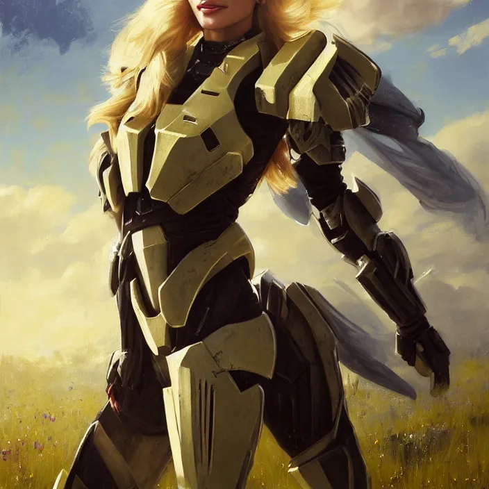 Prompt: portrait of a combination of Ashley Greene, Victoria Justice and Adriana Dxim, Grace Kelly and Lily Collins with blond hair wearing Forerunner armor from Halo, countryside, calm, fantasy character portrait, dynamic pose, above view, sunny day, thunder clouds in the sky, artwork by Jeremy Lipkin and Giuseppe Dangelico Pino and Michael Garmash and Rob Rey and Greg Manchess and Huang Guangjian, very coherent asymmetrical artwork, sharp edges, perfect face, simple form, 100mm