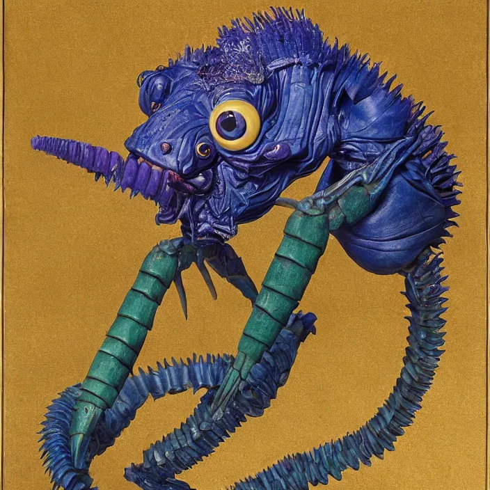 Image similar to close up portrait of a mutant monster creature with colorful exotic indigo iris eyes, crystal teeth, mantis composure. gold, vermillon. by jan van eyck, walton ford