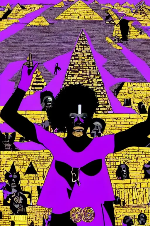 Prompt: A black Warrior Queen in purple surrounded by black panthers with Egyptian pyramids in the background