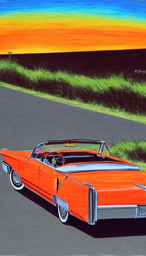 Image similar to 1 9 6 3 cadillac convertible driving down empty highway into a bright orange sunrise, oil pastel, high detail, realistic, vintage, sepia, far shot