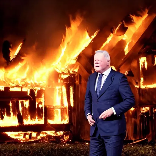 Prompt: a high quality photograph of europe burning in fire while olli rehn shouts in pain and tears his hair