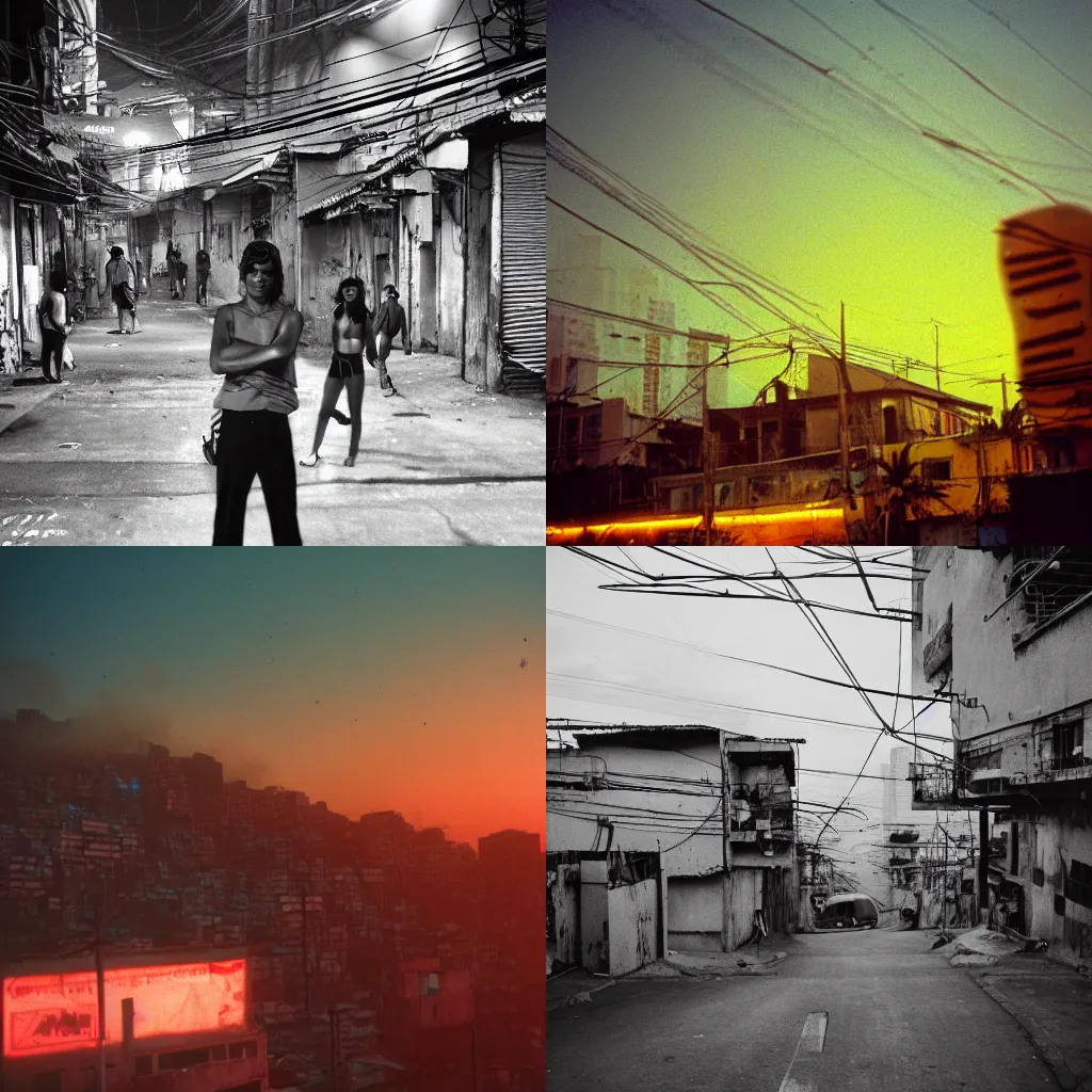 Prompt: futuristic brazilian favela, smog and neon lights before a setting sun, 8 0 s film, dark future atmosphere, 3 5 mm. neon lights