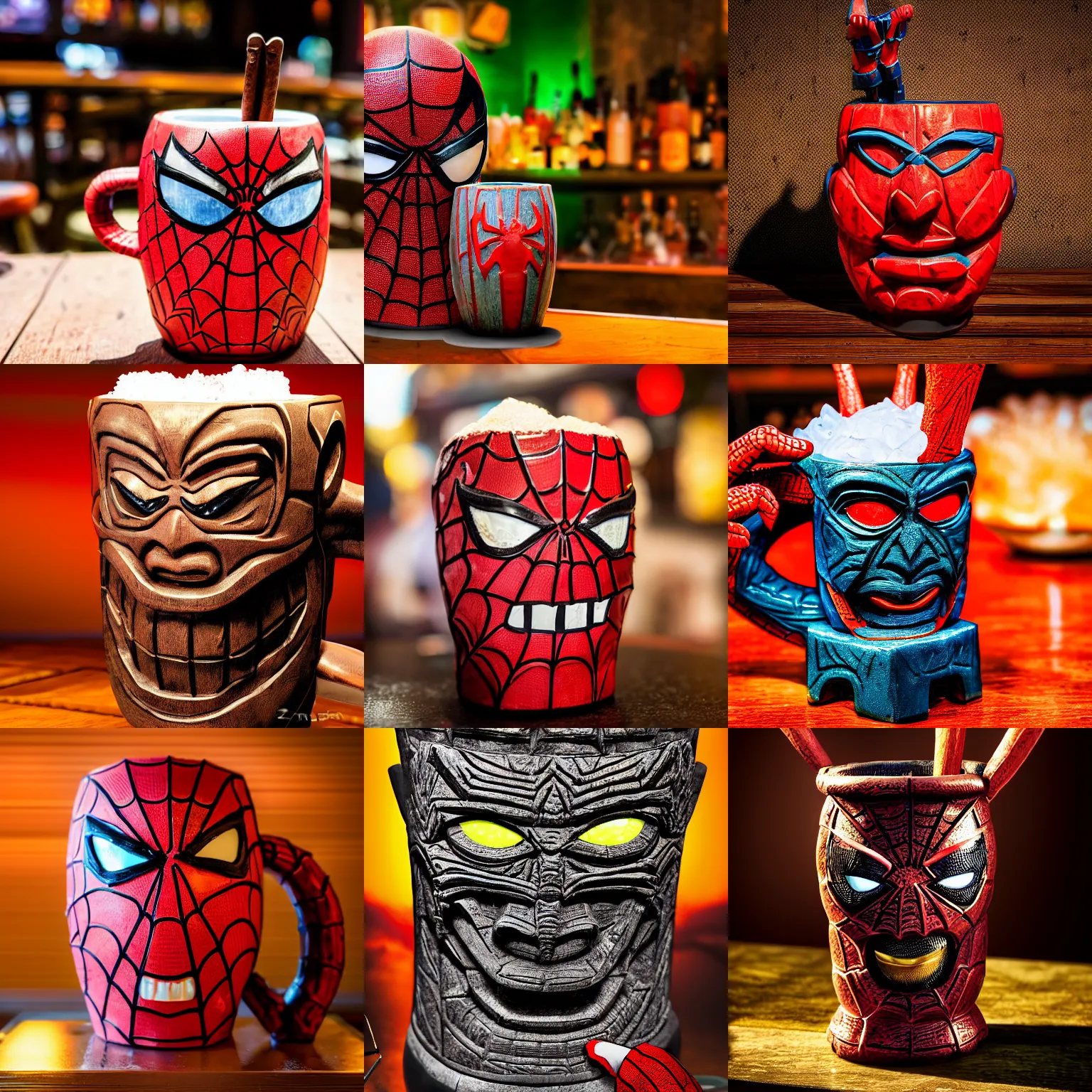 Image similar to a closeup photorealistic photograph of a spider man style tiki mug sitting at a trader vic's bar featuring spider man's face. tiki theme. bright scene. fine detail. this 4 k hd image is trending on artstation, featured on behance, well - rendered, extra crisp, features intricate detail, epic composition and the style of unreal engine.