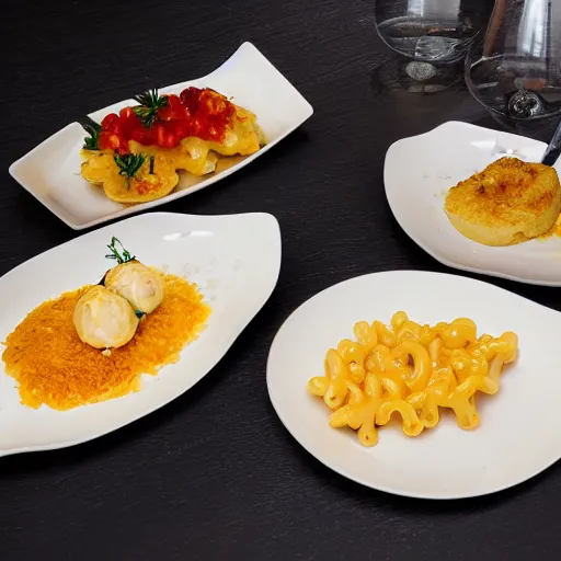Prompt: high end food plating for Kraft Macaroni and Cheese. Michelin five star restaurant, food blog