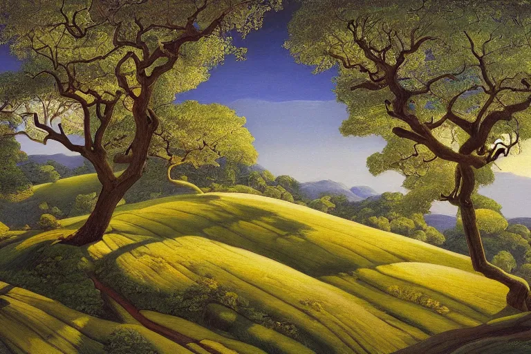 Image similar to masterpiece painting of oak trees on a hillside overlooking a creek, dramatic lighting, by marianne north