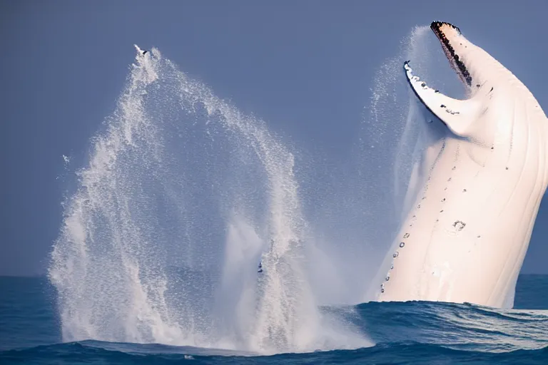 Image similar to underwater photography of a gigantic white whale jumping a wave at nazare