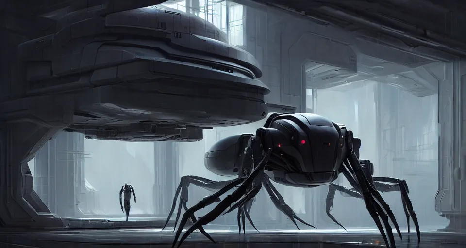 Prompt: hyper realistic sci - fi matte concept art painting of a giant spiderbot in a starship hanger, beautiful details, strong composition painted by kim jung guweta studio rutkowski, james gurney and greg rutkowski, and lucasfilm, smooth, intricate, detailed, sharp focus, cinematic