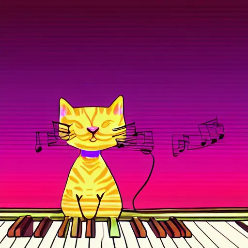 Image similar to cat playing piano synthwave digital art