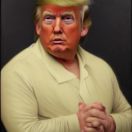 Image similar to Painting of Donald Trump in a tracksuit. Old. Unhappy. No hair. Very Fat. Art by william adolphe bouguereau. Very very very very very very much detailed. 4K. Award winning.