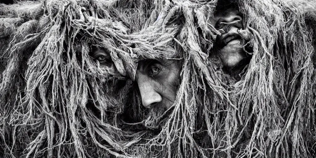 Prompt: photography of wood hay monsters, edelweiss growing from their head, forest, dolomites, alpine, detailed intricate insanely detailed octane render, 8k artistic 1920s photography, photorealistic, black and white, chiaroscuro, hd, by David Cronenberg, Raphael, Caravaggio