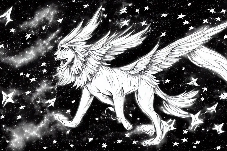 Prompt: angelic majestic winged lioness flying in outer space, stars dotted in background, black and white ink on paper, thick thick thick outlines, 8k high quality detailed manga art, trending on art station and cgsociety, super wide angle, octane, by Eiichiro Oda