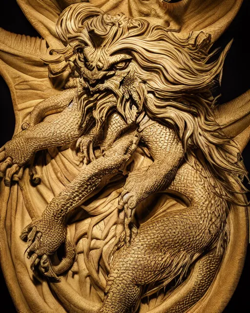 Prompt: photographs of a mythical manticore, a legendary animal with the head of a man, the body of a lion, and the tail of a dragon or scorpion 5 0 mm, studio lighting, in the style of national geographic