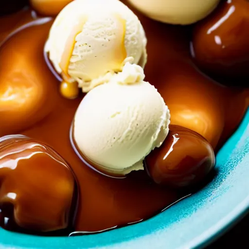 Image similar to closeup of a bowl with three balls of plain vanilla ice cream with caramel sauce. Simplistic. Food photography.