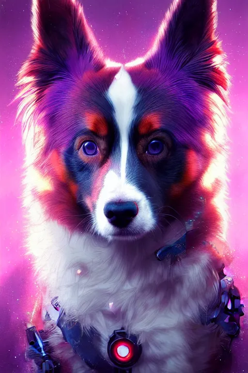 Image similar to a beautiful portrait of a cute cyberpunk red tri australian shepard by greg rutkowski and wlop and sandra chevrier, purple blue color scheme, high key lighting, volumetric light, digital art, highly detailed, fine detail, intricate, ornate, complex, octane render, unreal engine, photorealistic