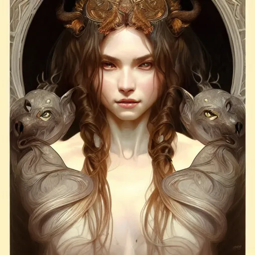 Image similar to beautiful portrait of wolf, natural, fantasy, intricate, elegant, highly detailed, digital painting, artstation, concept art, smooth, sharp focus, illustration, art by artgerm and greg rutkowski and alphonse mucha