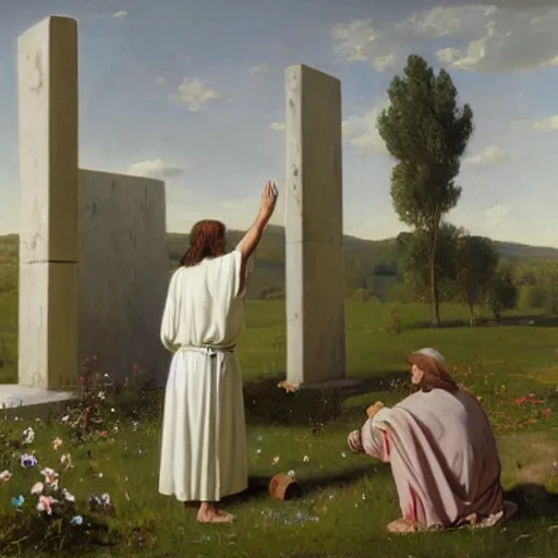 Image similar to A painting depicting the resurrection of Jesus Christ, (Jean Jules Linden), Peter Ilsted, (((flowers))), ((monolith))