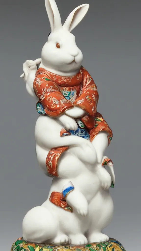 Image similar to porcelain rabbit statue with having a japanese kiseru in hand painted by john singer sargent