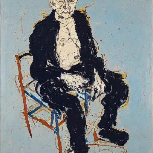 Prompt: painting of a man sitting on a chair and staring at you, by georg baselitz
