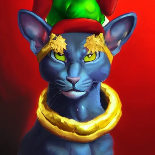 Image similar to an oil painting of a beerus the god of detruction wearing a christmas hat, by artgerm, hd, hdr, ue 5, ue 6, unreal engine 5, realistic 3 d style, cinematic 4 k wallpaper, 8 k, ultra detailed, gta 5 cover art, high resolution, artstation, award winning