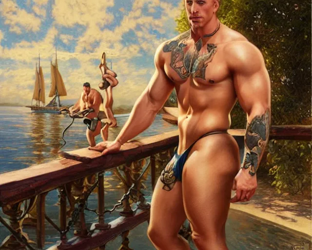 Image similar to handsome tattooed blonde gym bro by the water, steampunk painting by artgerm, gaston bussiere, craig mullins, j. c. leyendecker, tom of finland