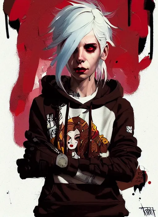 Image similar to highly detailed portrait of a sewer punk canadian lady, tartan hoody, white hair by atey ghailan, by greg rutkowski, by greg tocchini, by james gilleard, by joe fenton, by kaethe butcher, gradient red, brown, blonde cream and white color scheme, grunge aesthetic!!! ( ( graffiti tag wall background ) )