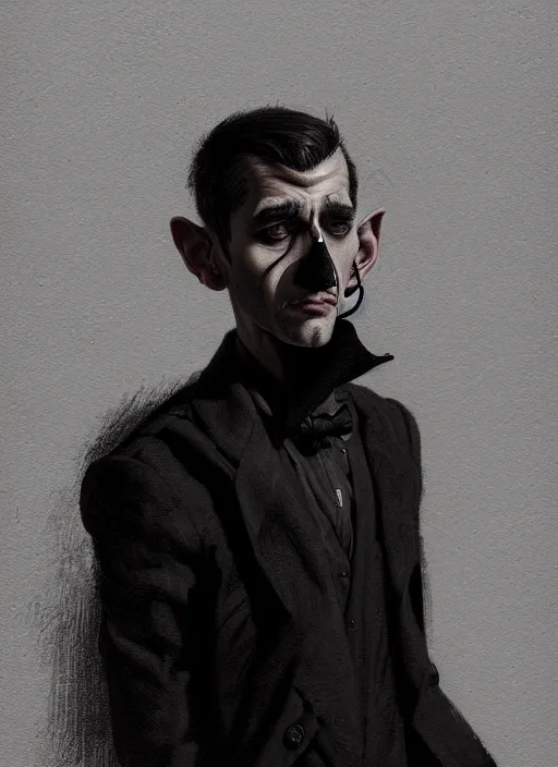 Image similar to portrait of a man with a crooked nose and a confident expression, 1 9 6 0 s, black clothes, goth, punk, funk, intricate, elegant, highly detailed, digital painting, artstation, concept art, smooth, sharp focus, illustration, art by wlop, mars ravelo and greg rutkowski