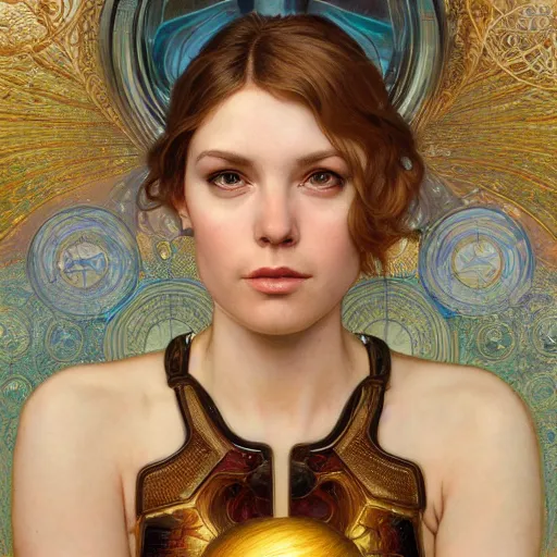 Prompt: Portrait of Samus Aran drawn by Donato Giancola and Tom Bagshaw, face by Artgerm, overall design by Alphonse Mucha, background by James Jean and Gustav Klimt, light by Julie Bell, 4k, golden accents, porcelain skin, komorebi, french nouveau, trending on artstation, octane render, hyperrealistic