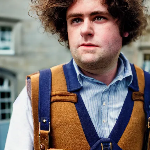 Image similar to close up headshot of a frowning clean shaven pudgy British lad with short curly dark brown hair as a hobbit wearing a white men's crossbody sling chest bag and blue vest, blue vest!! white crossbody chestbag!! high resolution film still, by Elizaveta Porodina