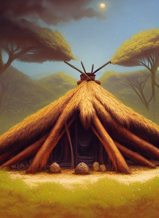 Prompt: a painting of an indigenous sweat lodge hut, beautiful colors, matte painting, by christophe vacher