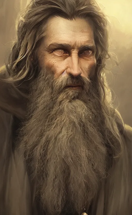 Image similar to Portrait of a middle aged wizard with a long beard and monacle, male, detailed face, fantasy, highly detailed, cinematic lighting, digital art painting by greg rutkowski