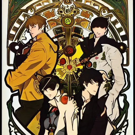 Image similar to persona 4 investigation team by alphonse mucha